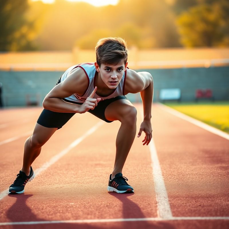 Mladi atletičar u startnom položaju na atletskoj stazi